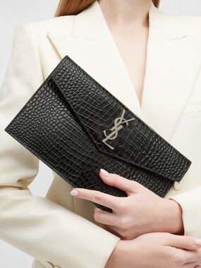 SAINT LAURENT Uptown Pouch / Clutch Medium In Croc-Embossed Leather